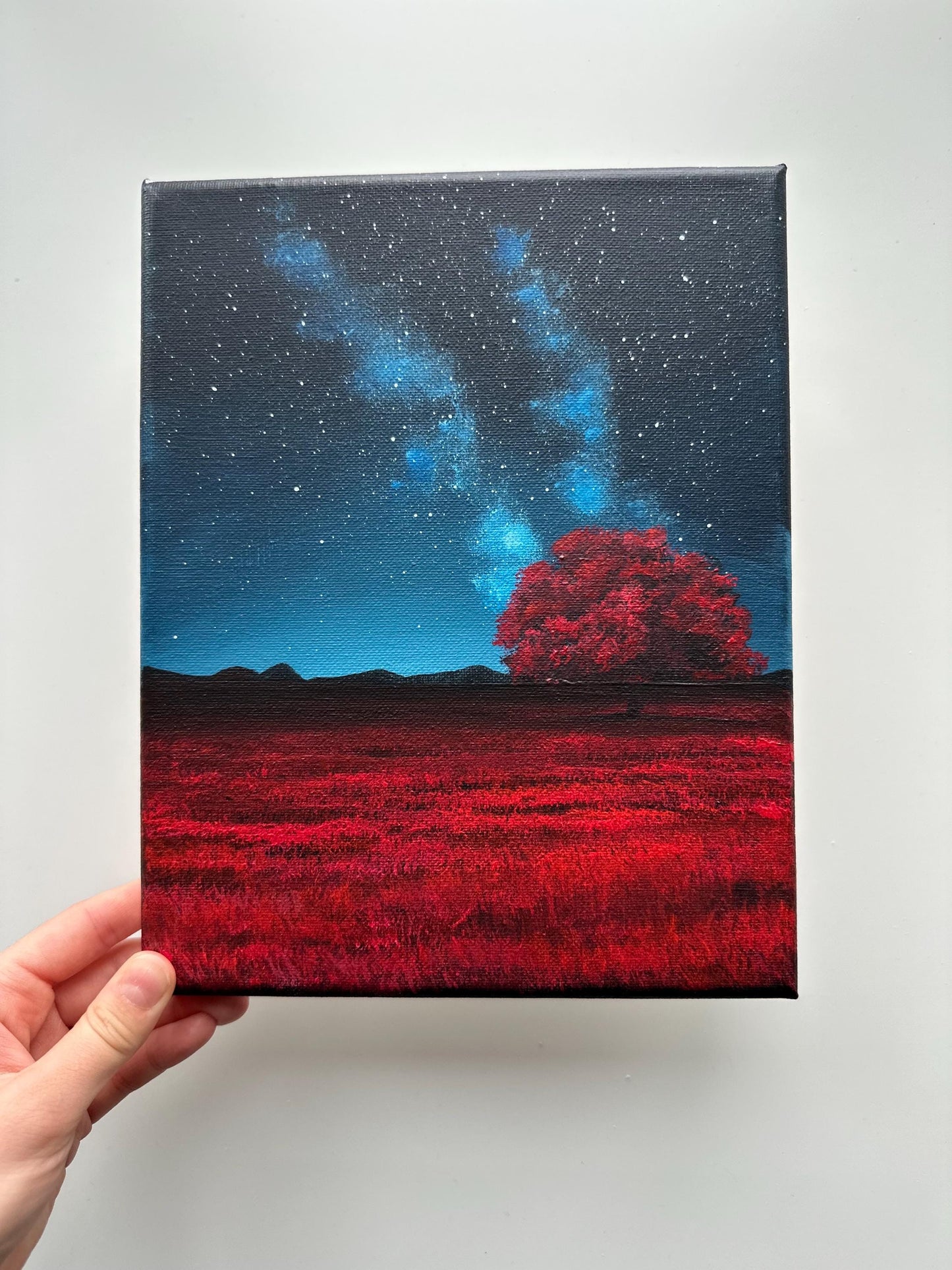 Red Tree Under the Stars – 8x10 Night Sky Painting, Galaxy Landscape Art