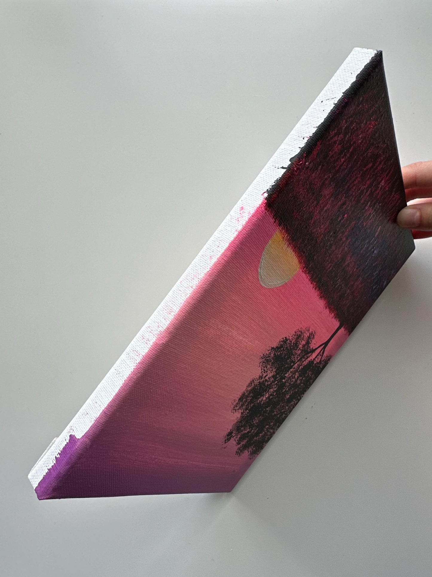 Pink Sunset Meadow – 8x10 Original Acrylic Painting, Tree Silhouette Wall Art, Dreamy Landscape