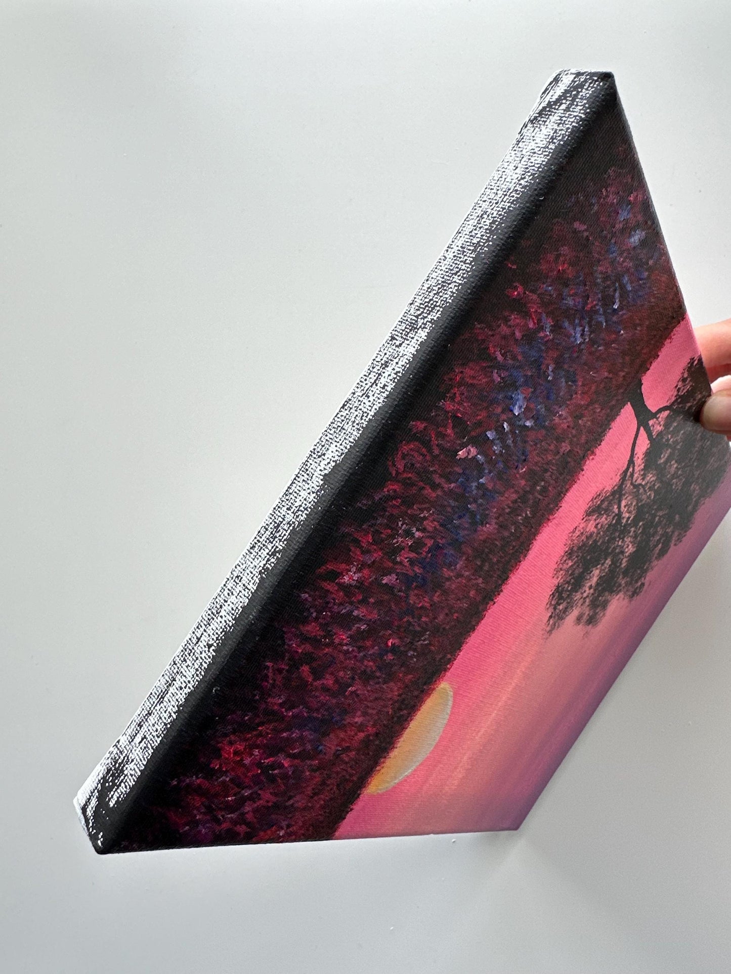 Pink Sunset Meadow – 8x10 Original Acrylic Painting, Tree Silhouette Wall Art, Dreamy Landscape