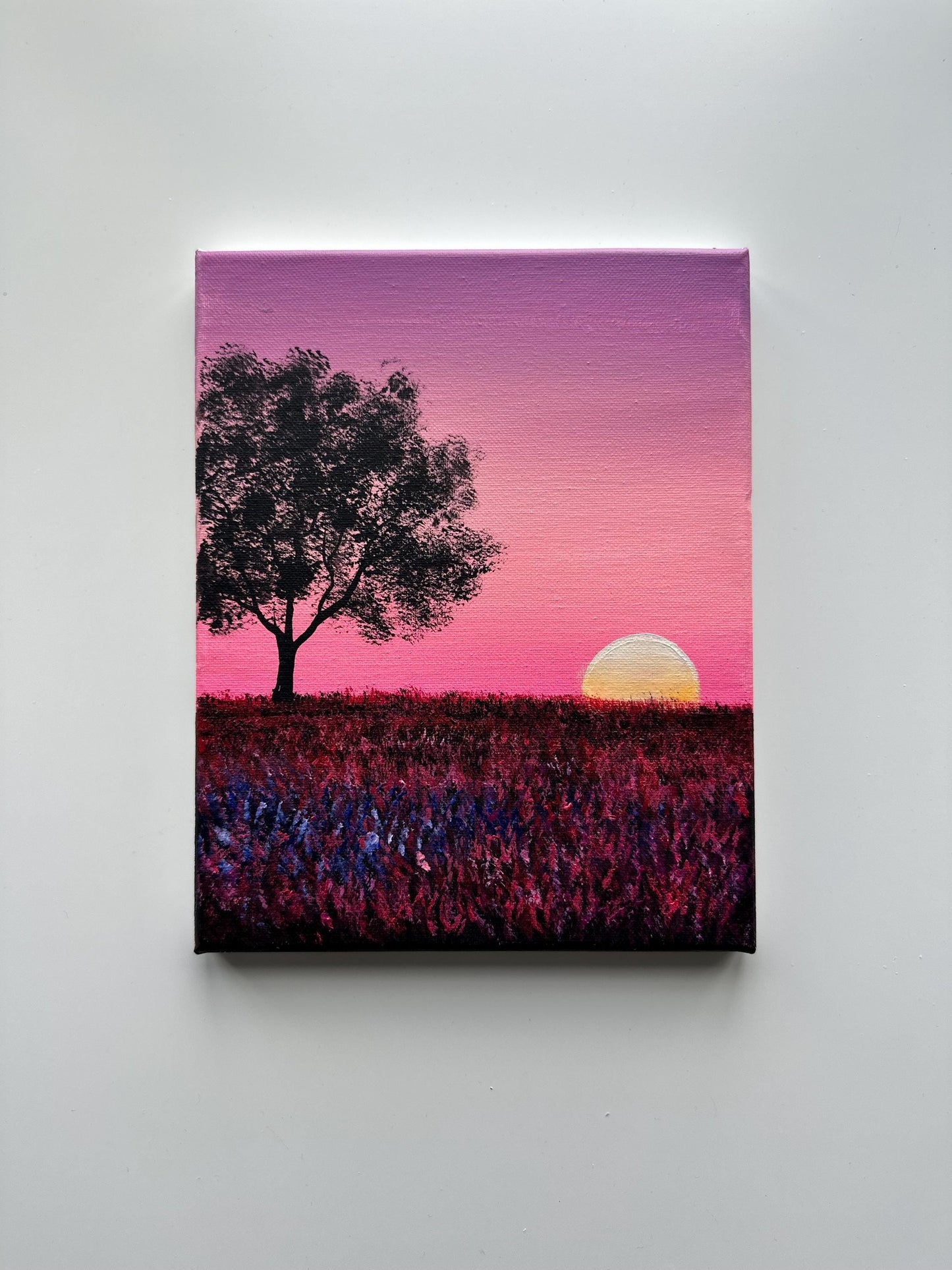Pink Sunset Meadow – 8x10 Original Acrylic Painting, Tree Silhouette Wall Art, Dreamy Landscape