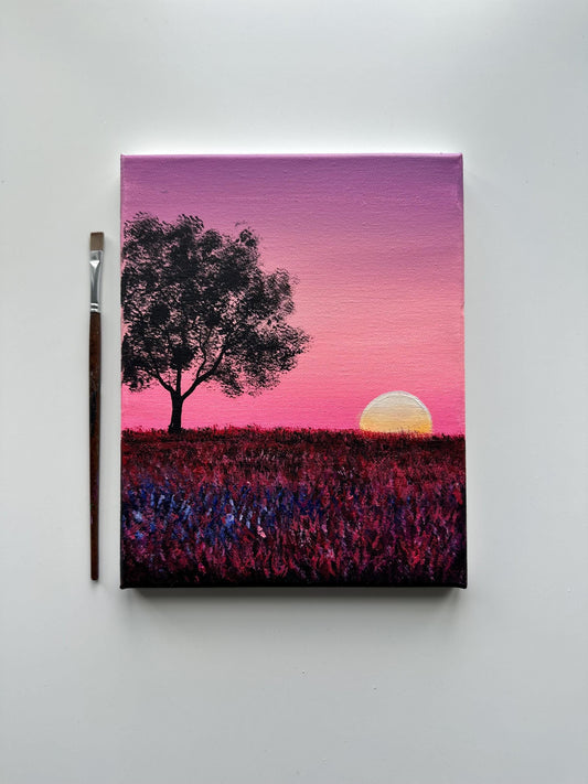 Pink Sunset Meadow – 8x10 Original Acrylic Painting, Tree Silhouette Wall Art, Dreamy Landscape