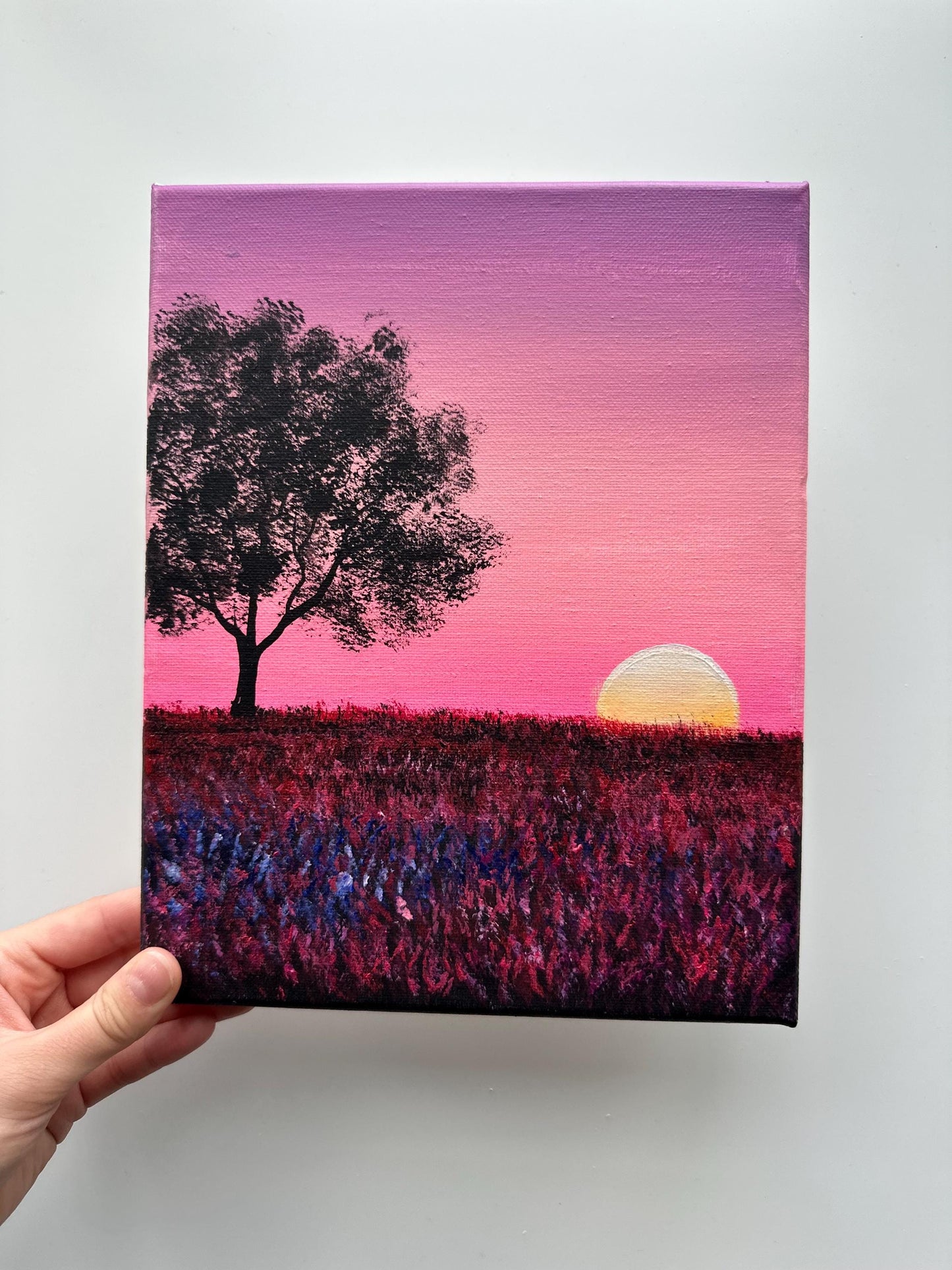 Pink Sunset Meadow – 8x10 Original Acrylic Painting, Tree Silhouette Wall Art, Dreamy Landscape