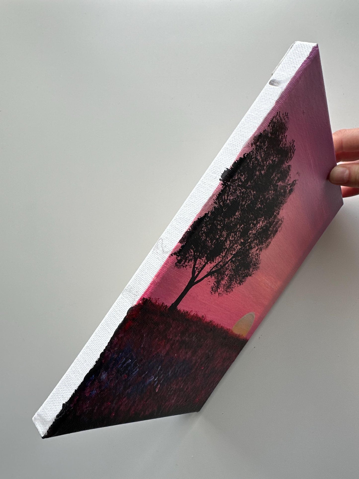 Pink Sunset Meadow – 8x10 Original Acrylic Painting, Tree Silhouette Wall Art, Dreamy Landscape