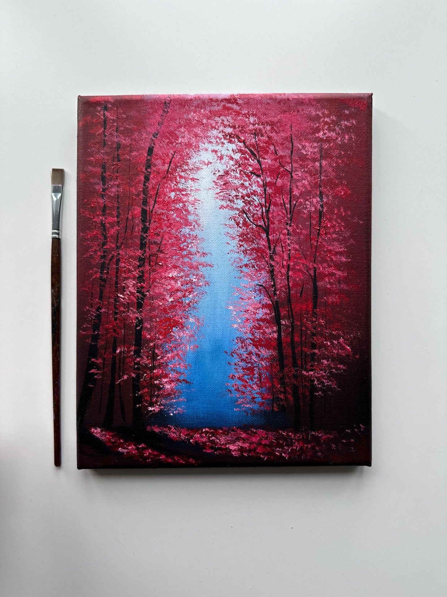 Enchanted Forest Crimson – 8x10 Original Acrylic Painting, Red Fantasy Forest Art, Mystical Path Landscape