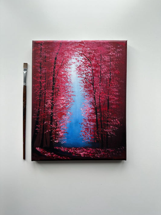 Enchanted Forest Crimson – 8x10 Original Acrylic Painting, Red Fantasy Forest Art, Mystical Path Landscape