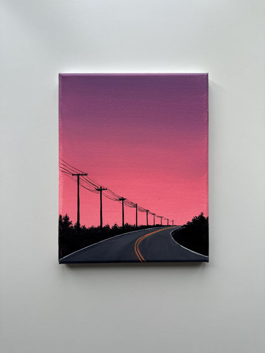 Pink Sunset Road – 8x10 Original Acrylic Painting, Minimal Highway Wall Art, Pastel Sky Landscape