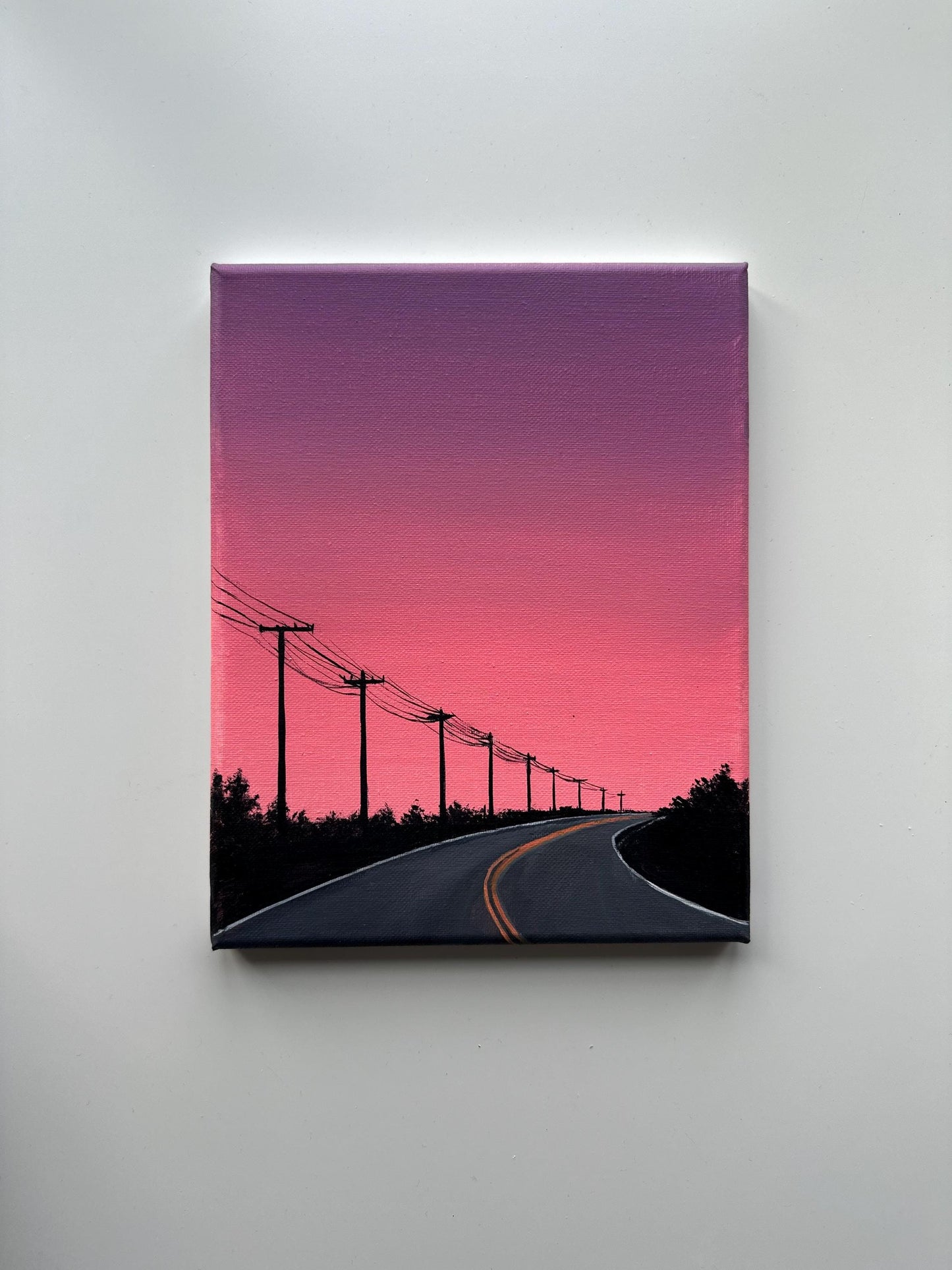 Pink Sunset Road – 8x10 Original Acrylic Painting, Minimal Highway Wall Art, Pastel Sky Landscape