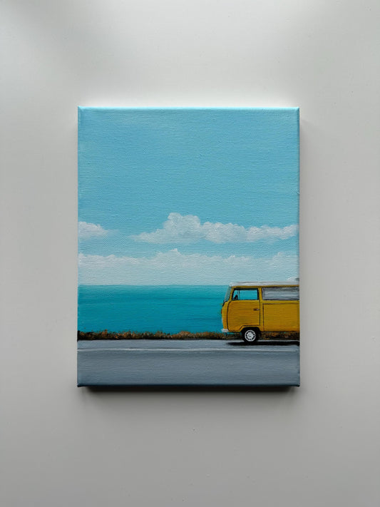 Yellow Van Ocean Painting – 8x10 Original Acrylic Coastal Art