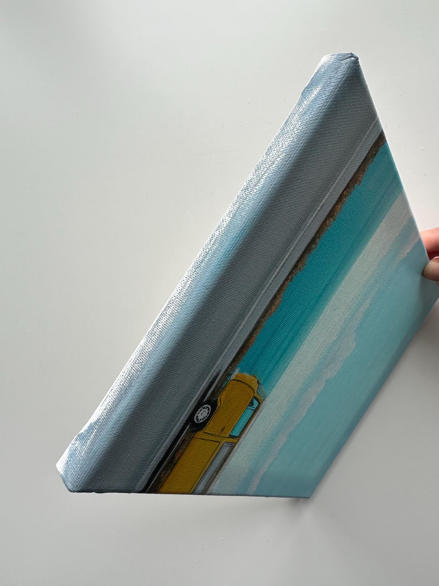 Yellow Van Ocean Painting – 8x10 Original Acrylic Coastal Art