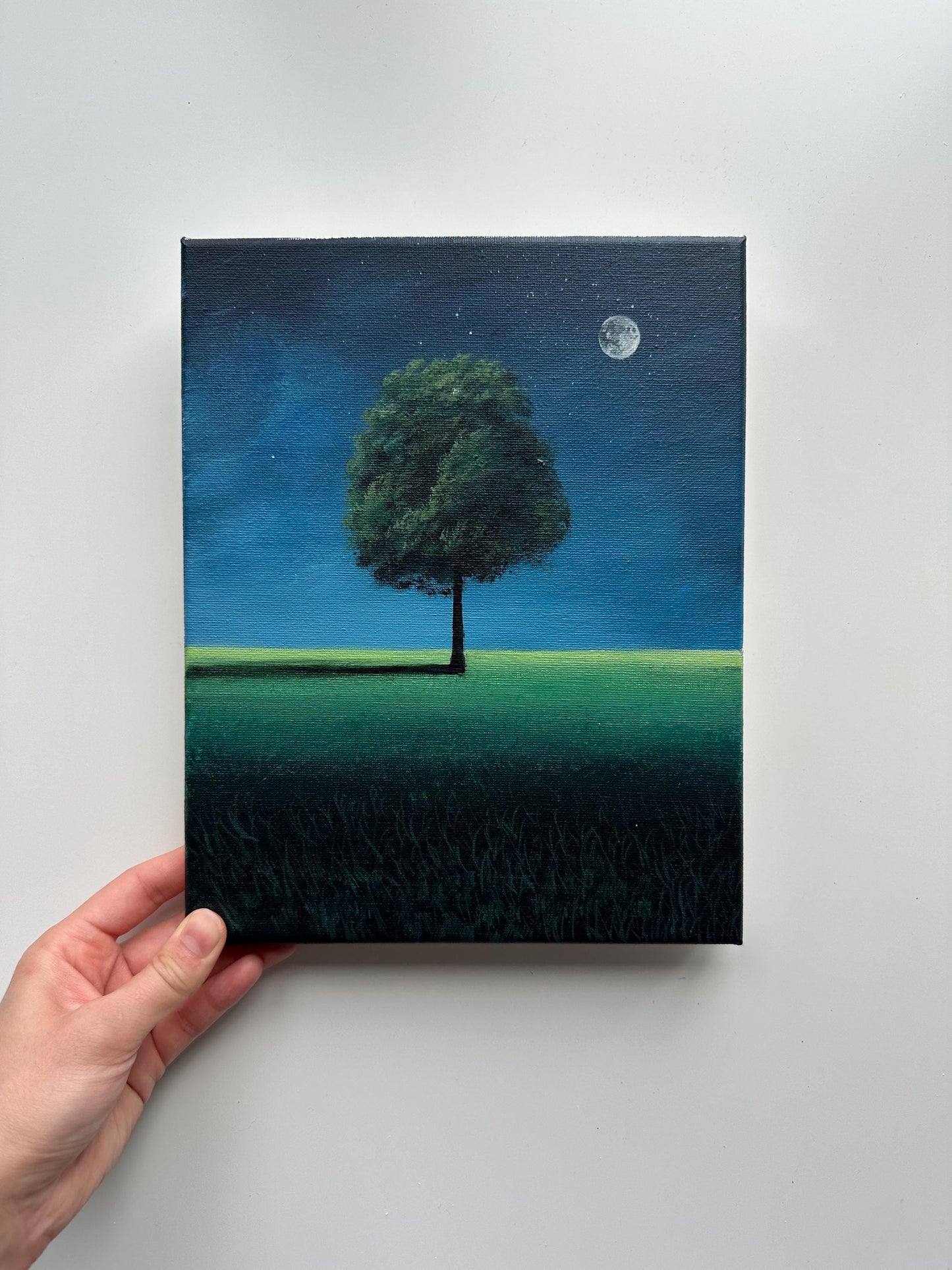 Original Moonlit Tree Painting – Minimalist Night Landscape, 8x10 Acrylic