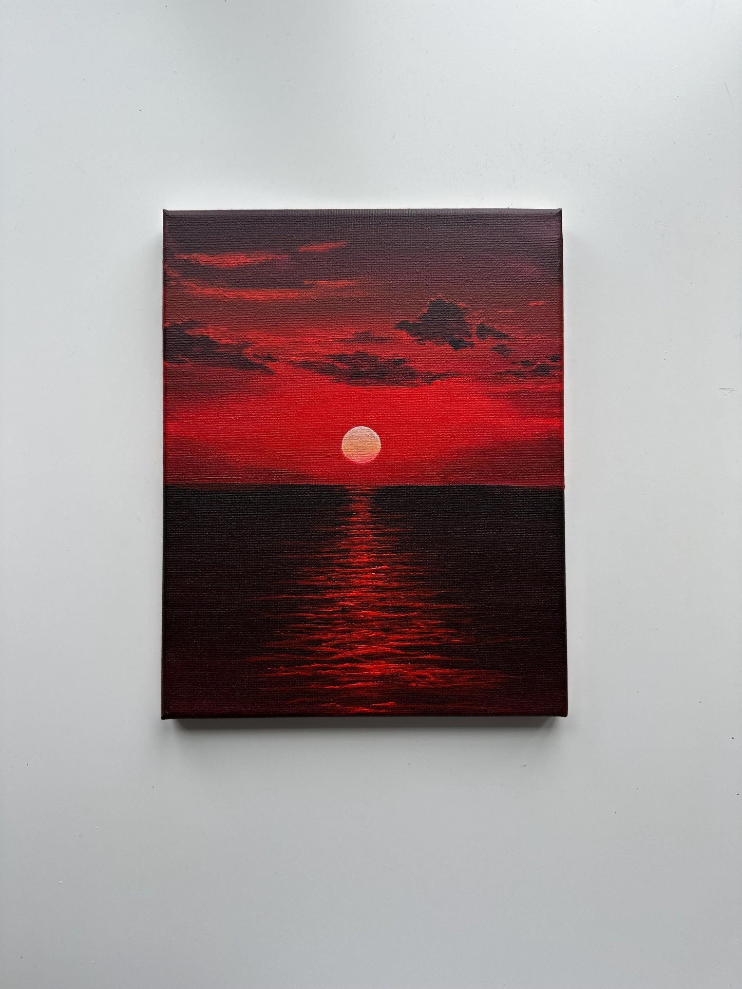 Original Red Sunset Seascape Painting - 8x10 Acrylic Crimson Horizon
