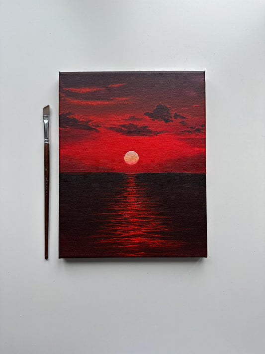 Original Red Sunset Seascape Painting - 8x10 Acrylic Crimson Horizon