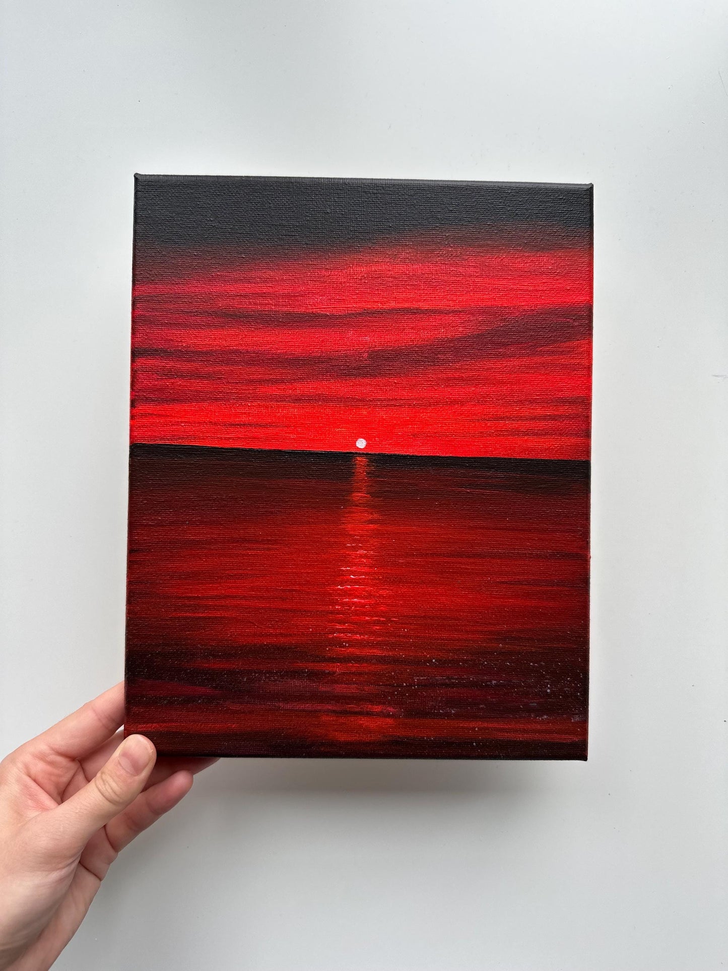Original Red Sunset Seascape Painting – 8x10 Acrylic Art