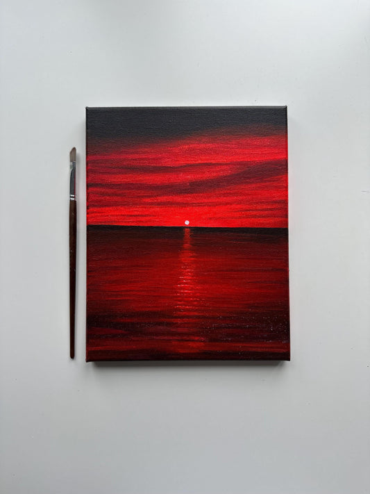 Original Red Sunset Seascape Painting – 8x10 Acrylic Art