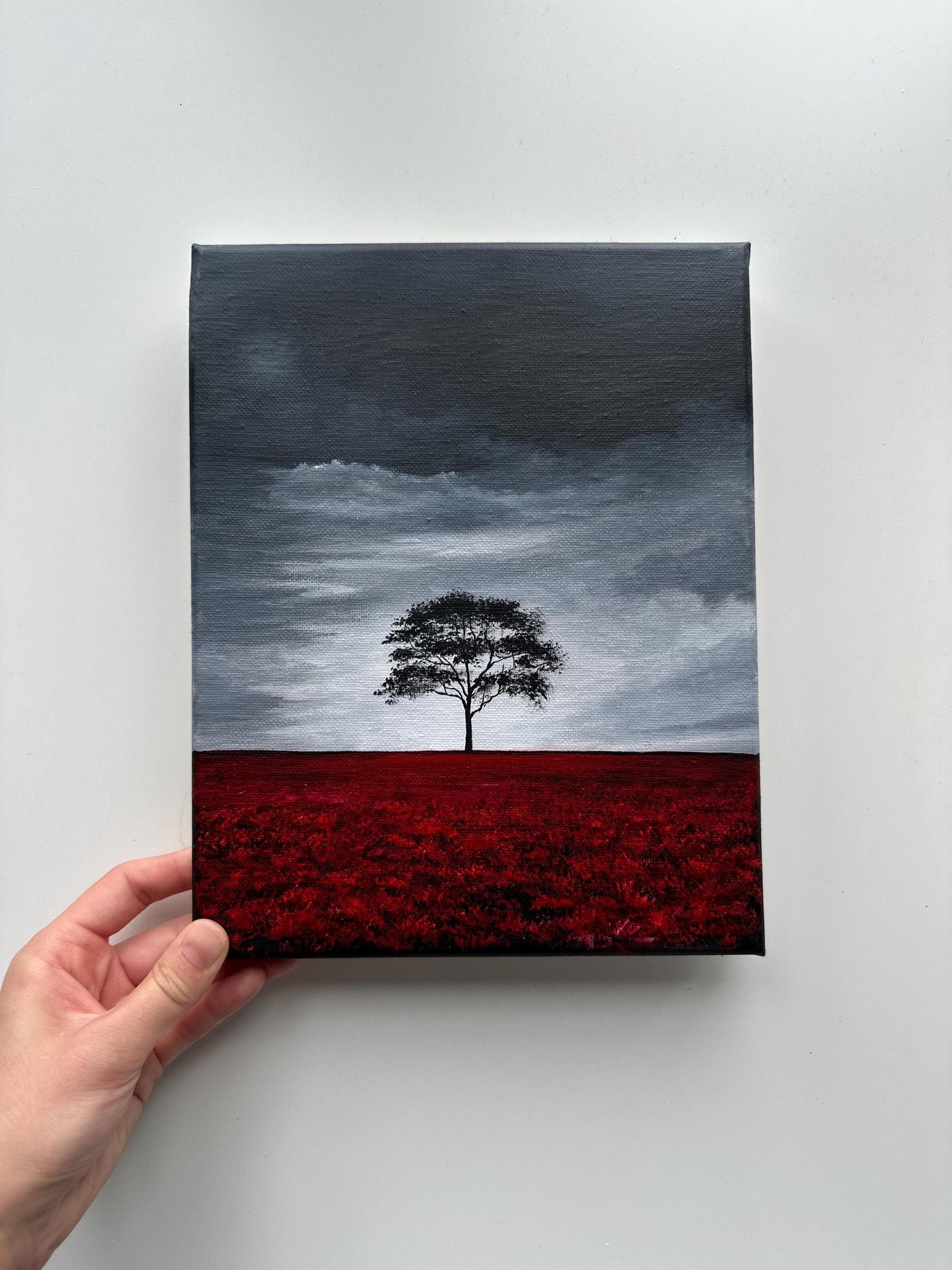 Original Stormy Sky Landscape Painting – Lone Tree, Red Field 8x10 Acrylic
