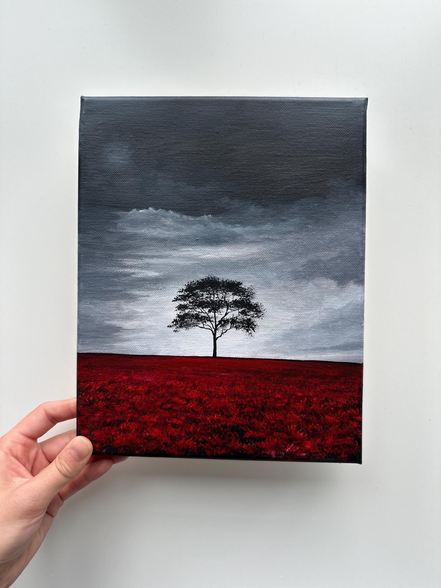 Original Stormy Sky Landscape Painting – Lone Tree, Red Field 8x10 Acrylic