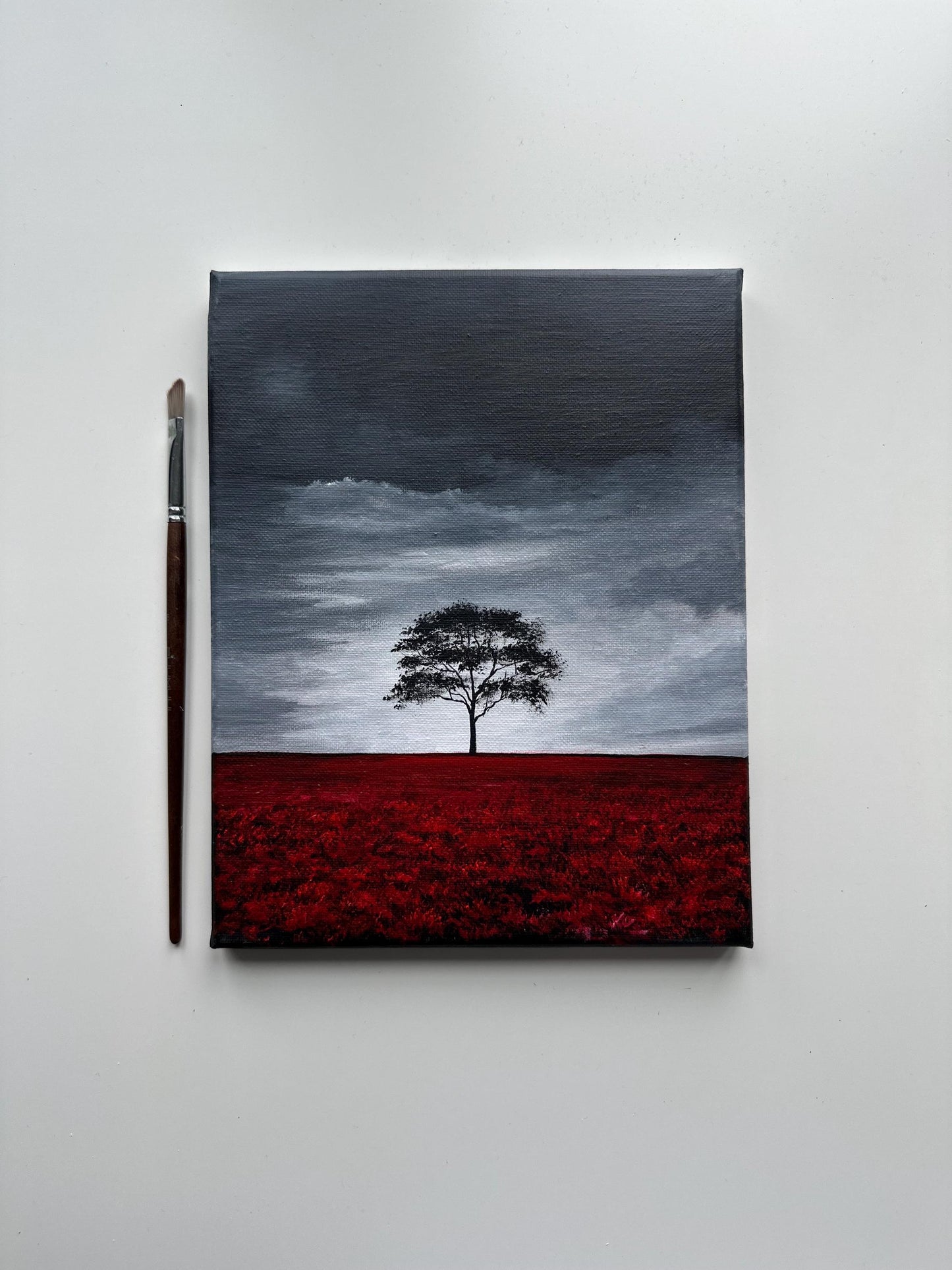 Original Stormy Sky Landscape Painting – Lone Tree, Red Field 8x10 Acrylic