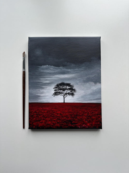 Original Stormy Sky Landscape Painting – Lone Tree, Red Field 8x10 Acrylic