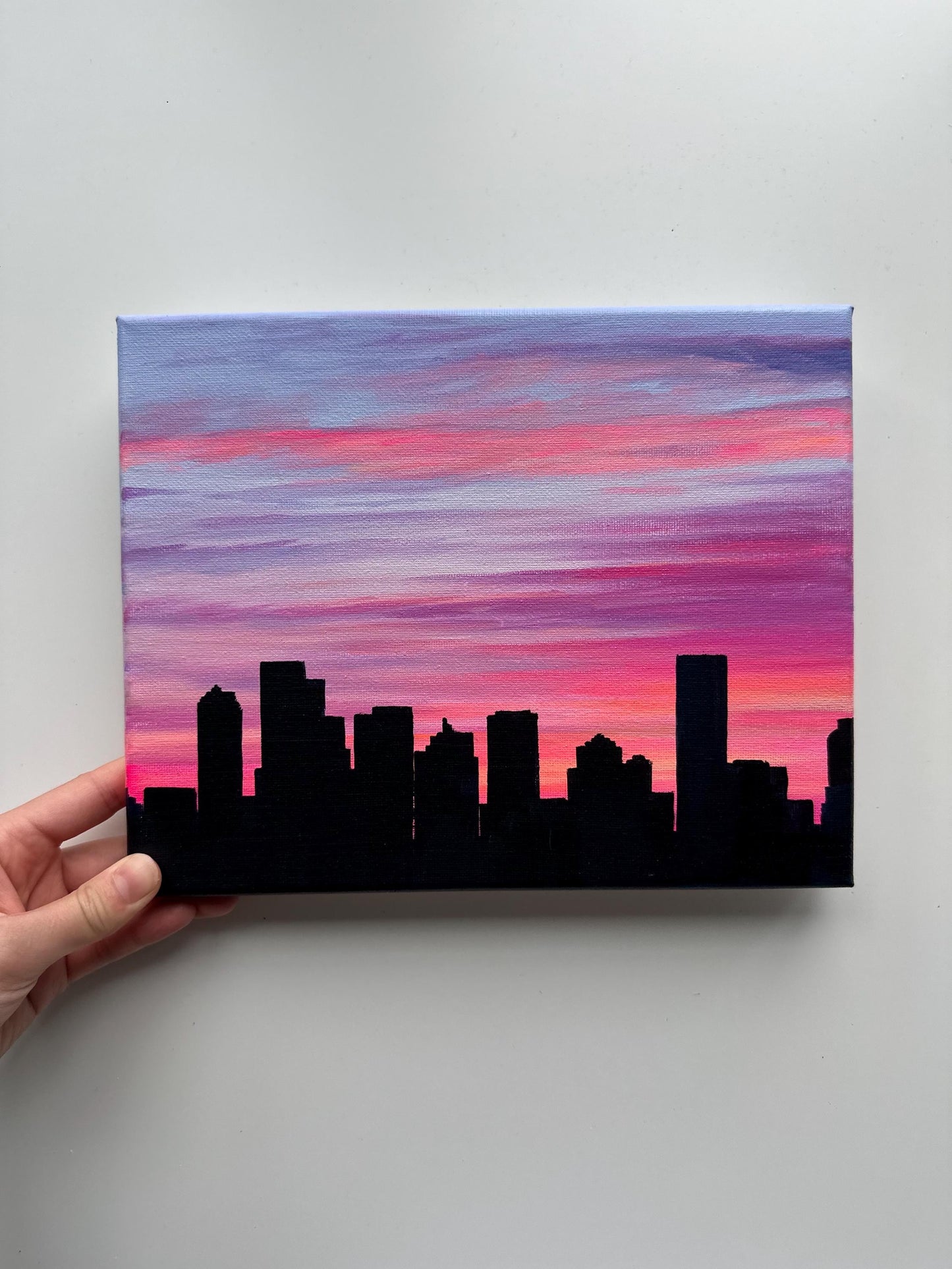 Original Cityscape Acrylic Painting – Pink Sunset Urban Art (8x10)