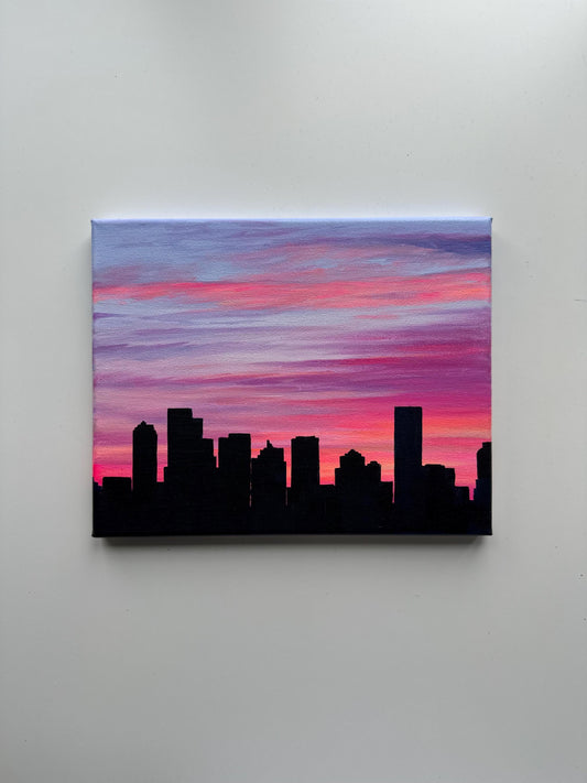 Original Cityscape Acrylic Painting – Pink Sunset Urban Art (8x10)