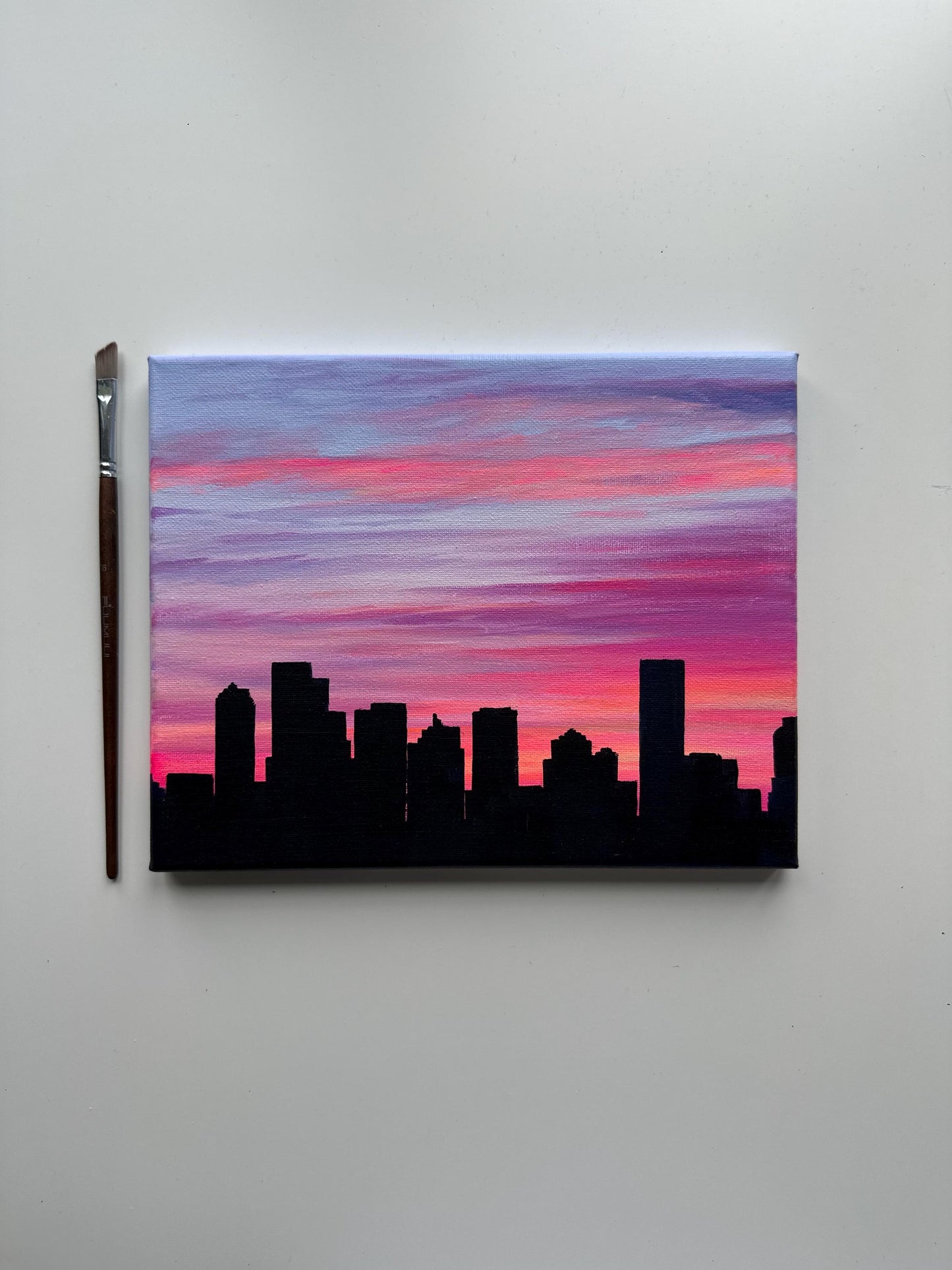 Original Cityscape Acrylic Painting – Pink Sunset Urban Art (8x10)