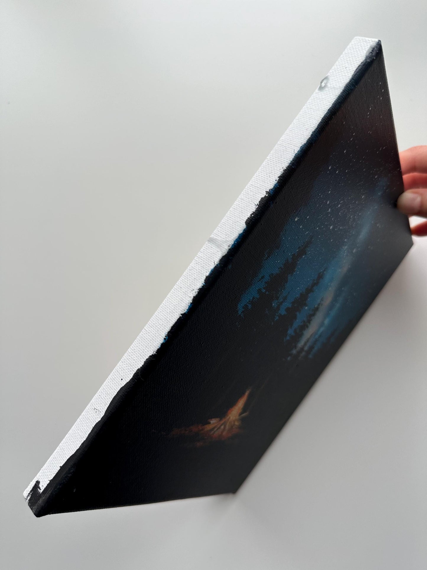 Campfire Night Painting – 8x10 Forest Wall Art, Starry Sky Landscape on Canvas