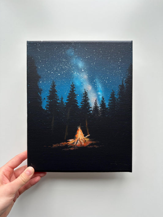 Campfire Night Painting – 8x10 Forest Wall Art, Starry Sky Landscape on Canvas