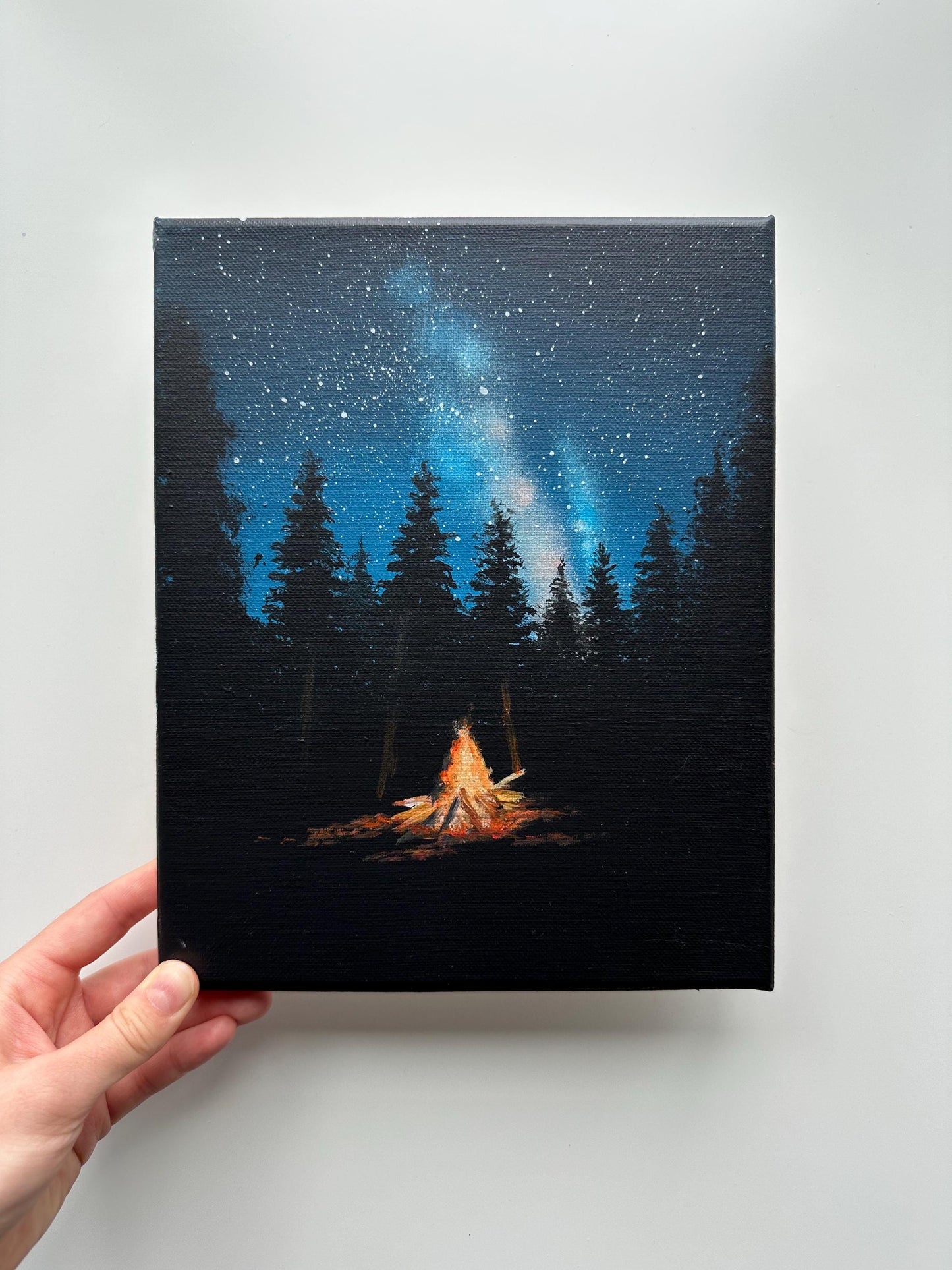 Campfire Night Painting – 8x10 Forest Wall Art, Starry Sky Landscape on Canvas