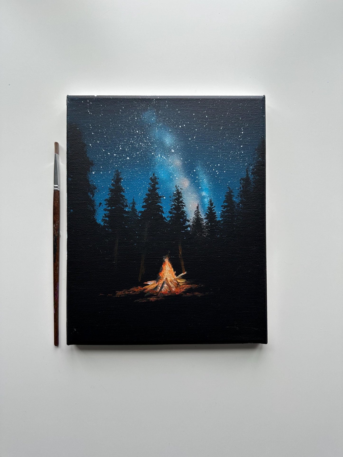 Campfire Night Painting – 8x10 Forest Wall Art, Starry Sky Landscape on Canvas
