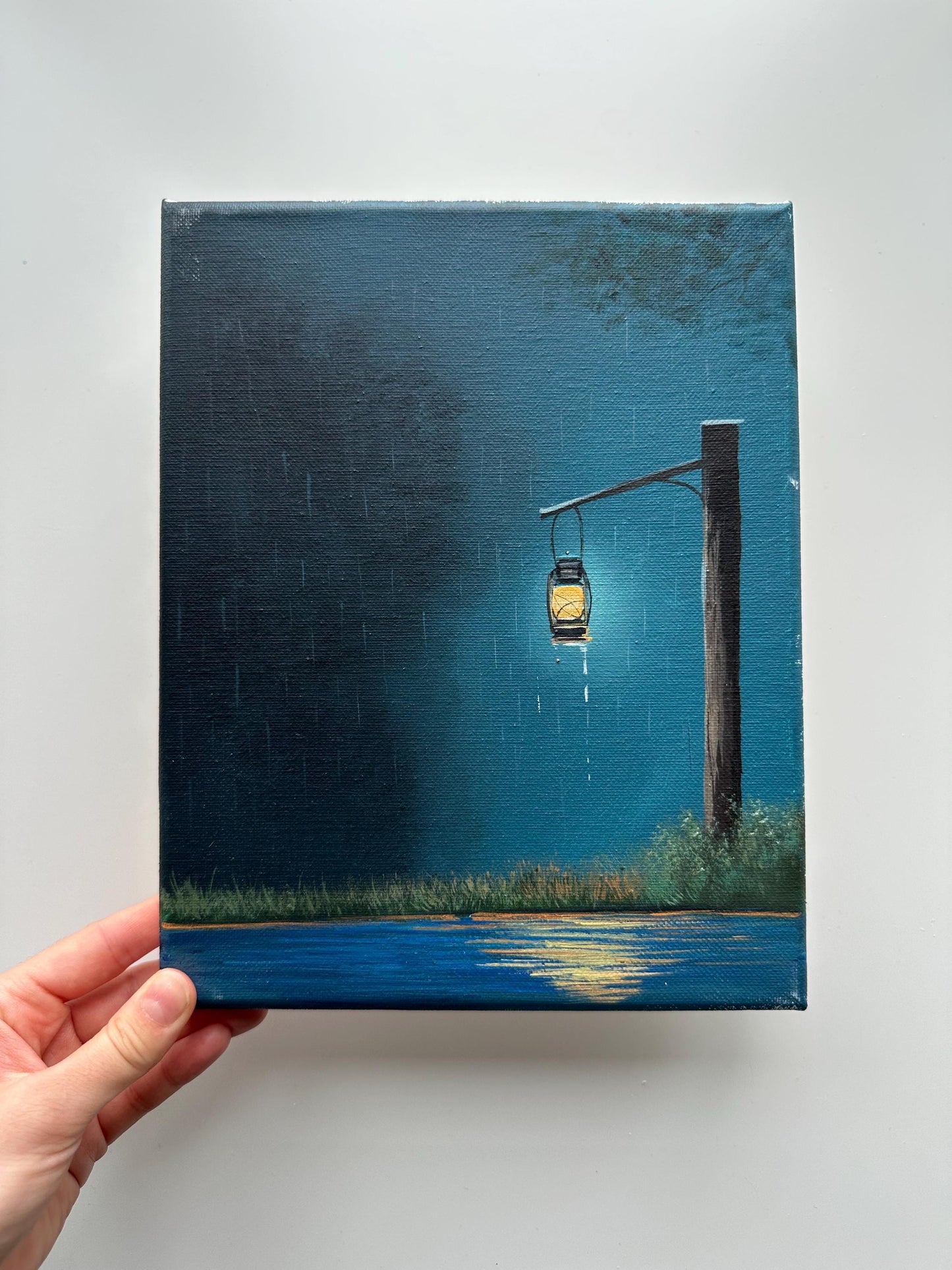 Lantern by the Lake – 8x10 Rainy Night Painting, Blue Landscape Wall Art