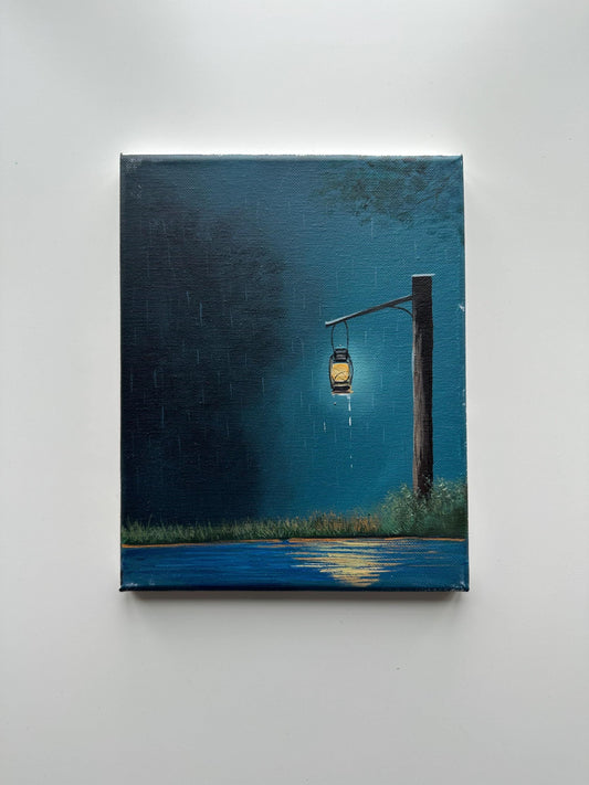 Lantern by the Lake – 8x10 Rainy Night Painting, Blue Landscape Wall Art