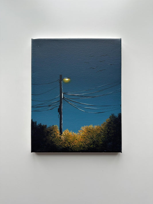 Streetlight at Dusk – 8x10 Night Wall Art, Minimal Landscape Painting