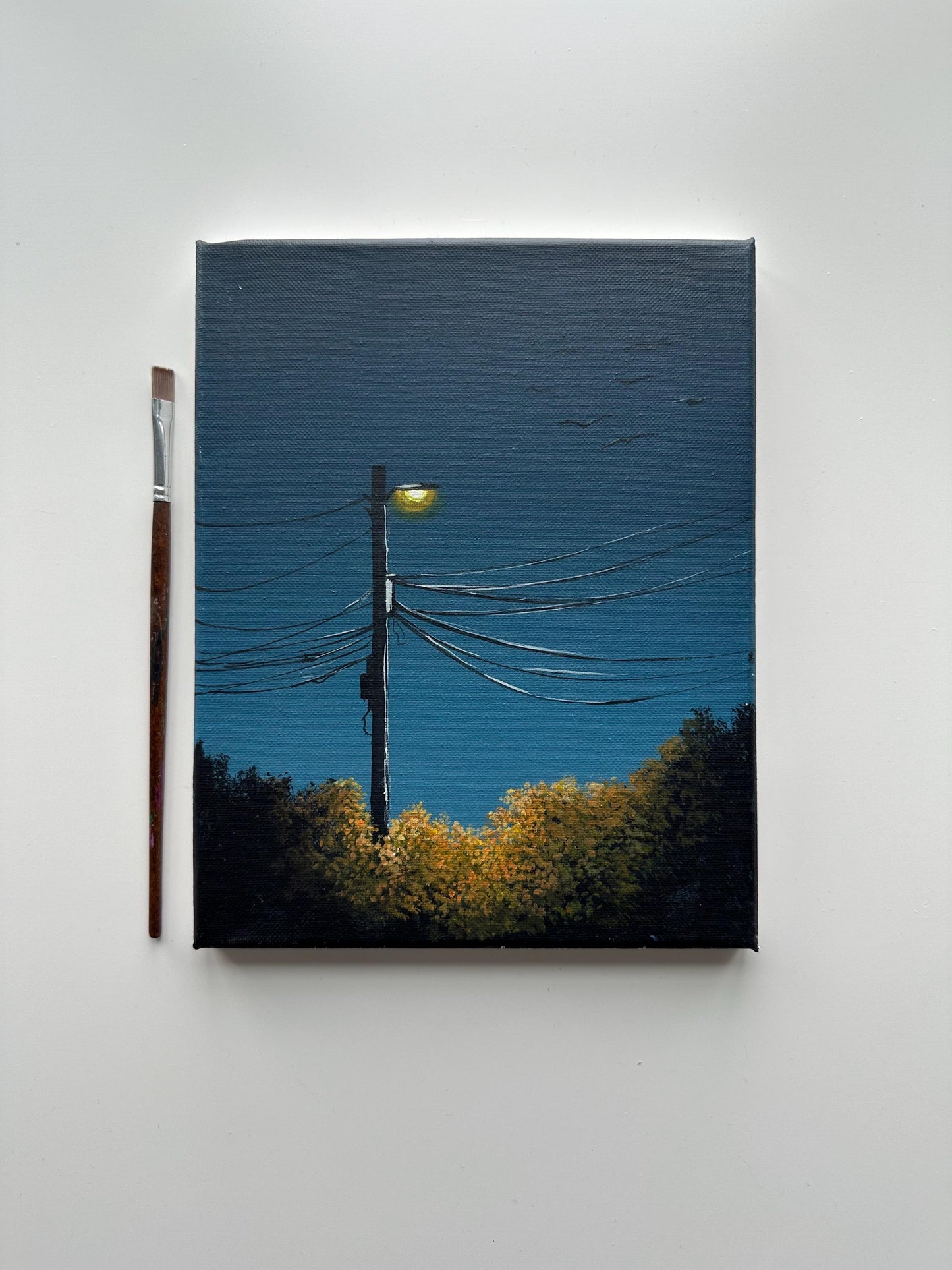Streetlight at Dusk – 8x10 Night Wall Art, Minimal Landscape Painting