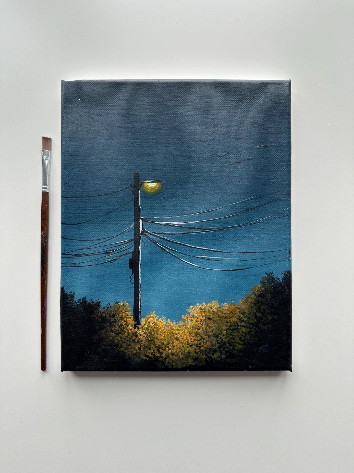 Streetlight at Dusk – 8x10 Night Wall Art, Minimal Landscape Painting