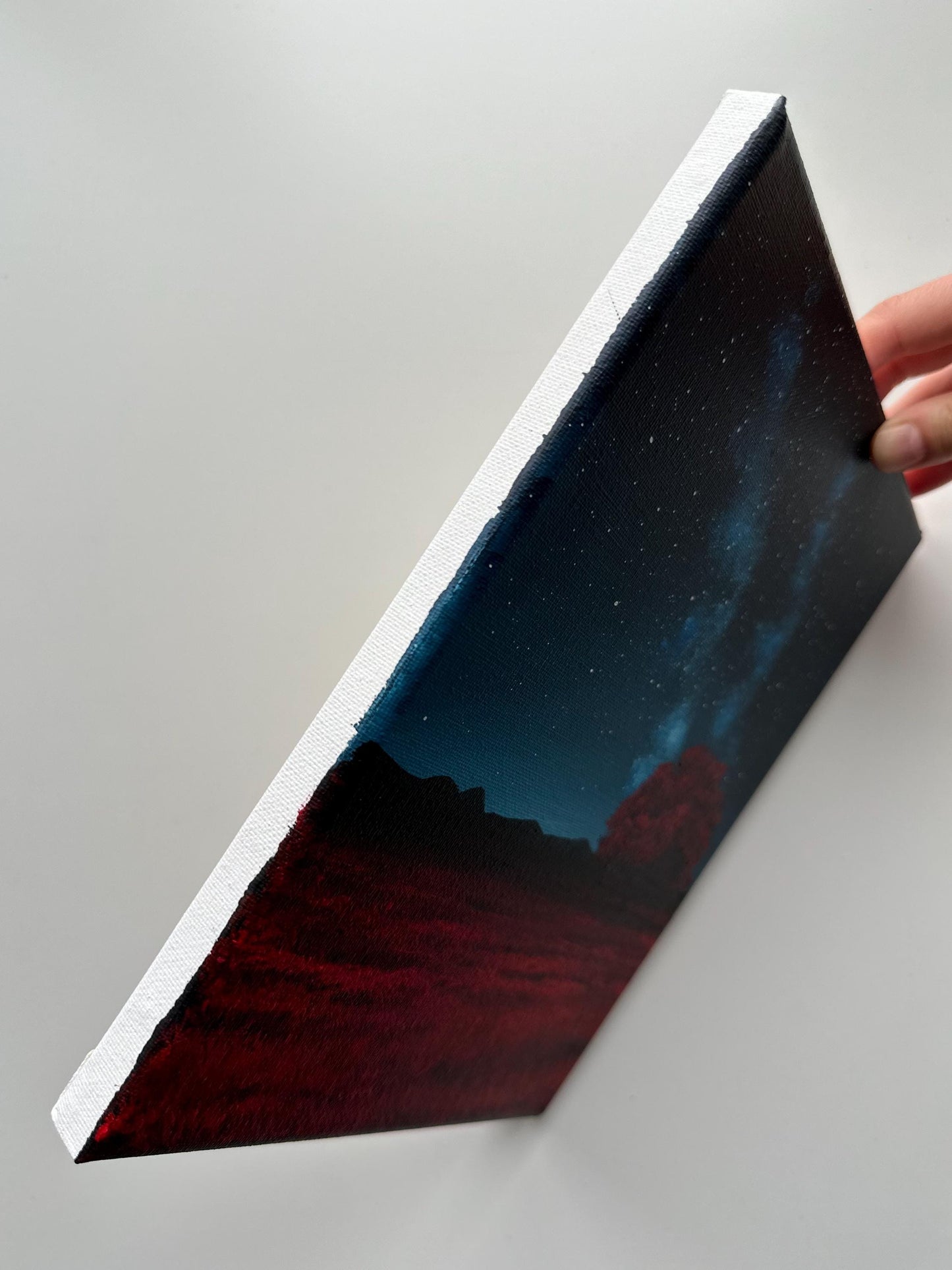 Red Tree Under the Stars – 8x10 Night Sky Painting, Galaxy Landscape Art
