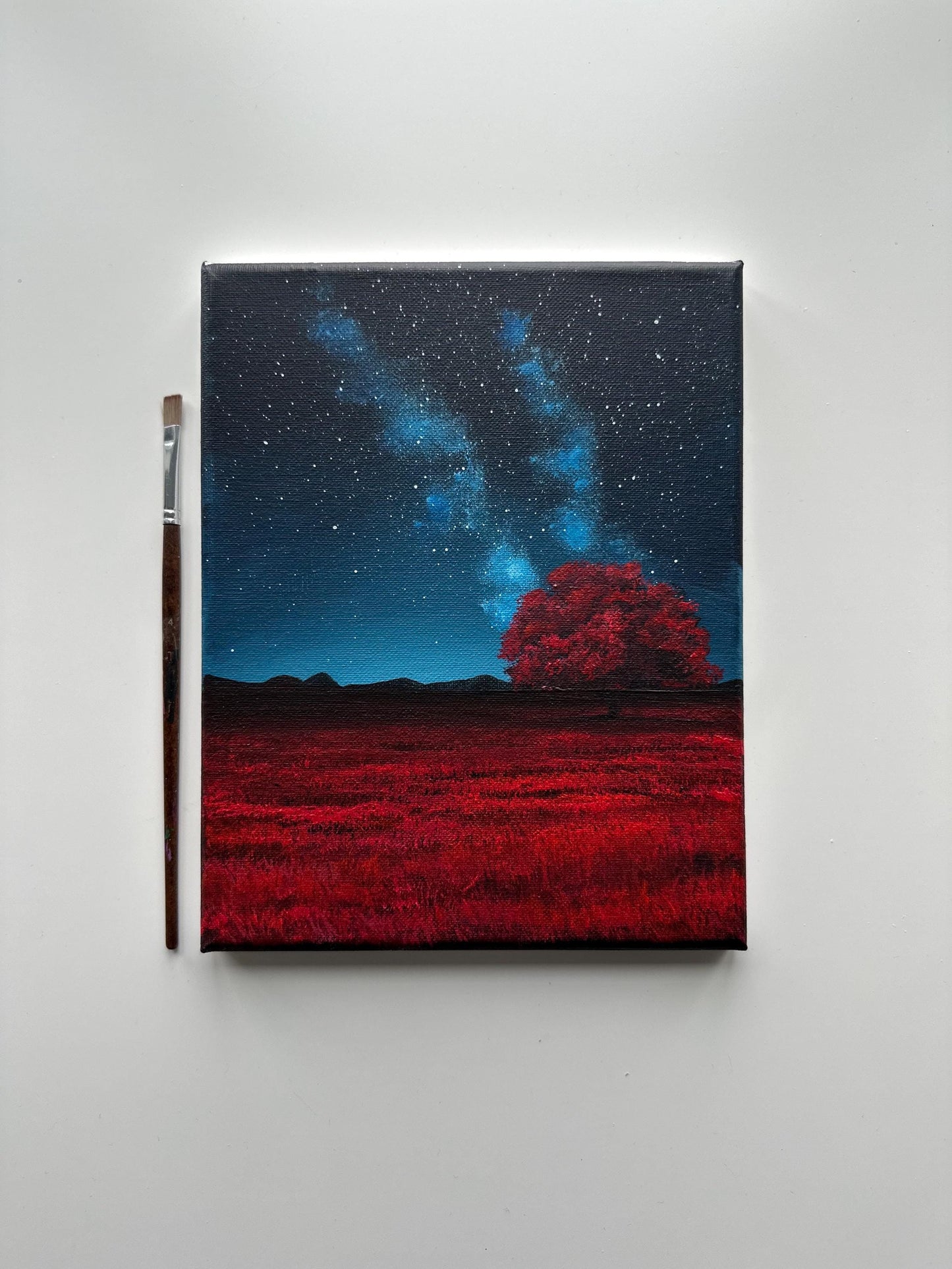 Red Tree Under the Stars – 8x10 Night Sky Painting, Galaxy Landscape Art