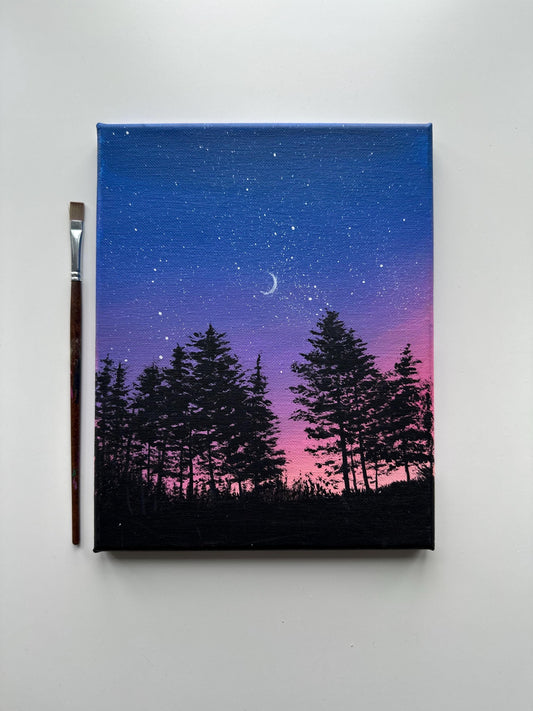 Crescent Moon Sunset – 8x10 Original Acrylic Painting, Night Sky Wall Art, Purple & Pink Landscape