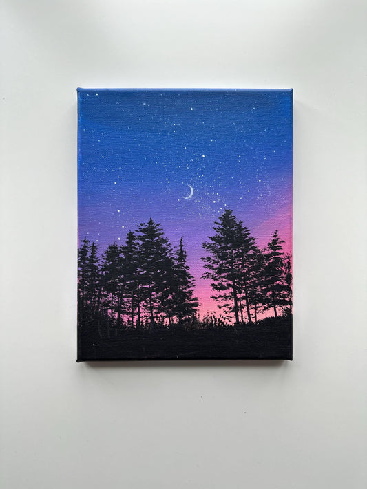 Crescent Moon Sunset – 8x10 Original Acrylic Painting, Night Sky Wall Art, Purple & Pink Landscape