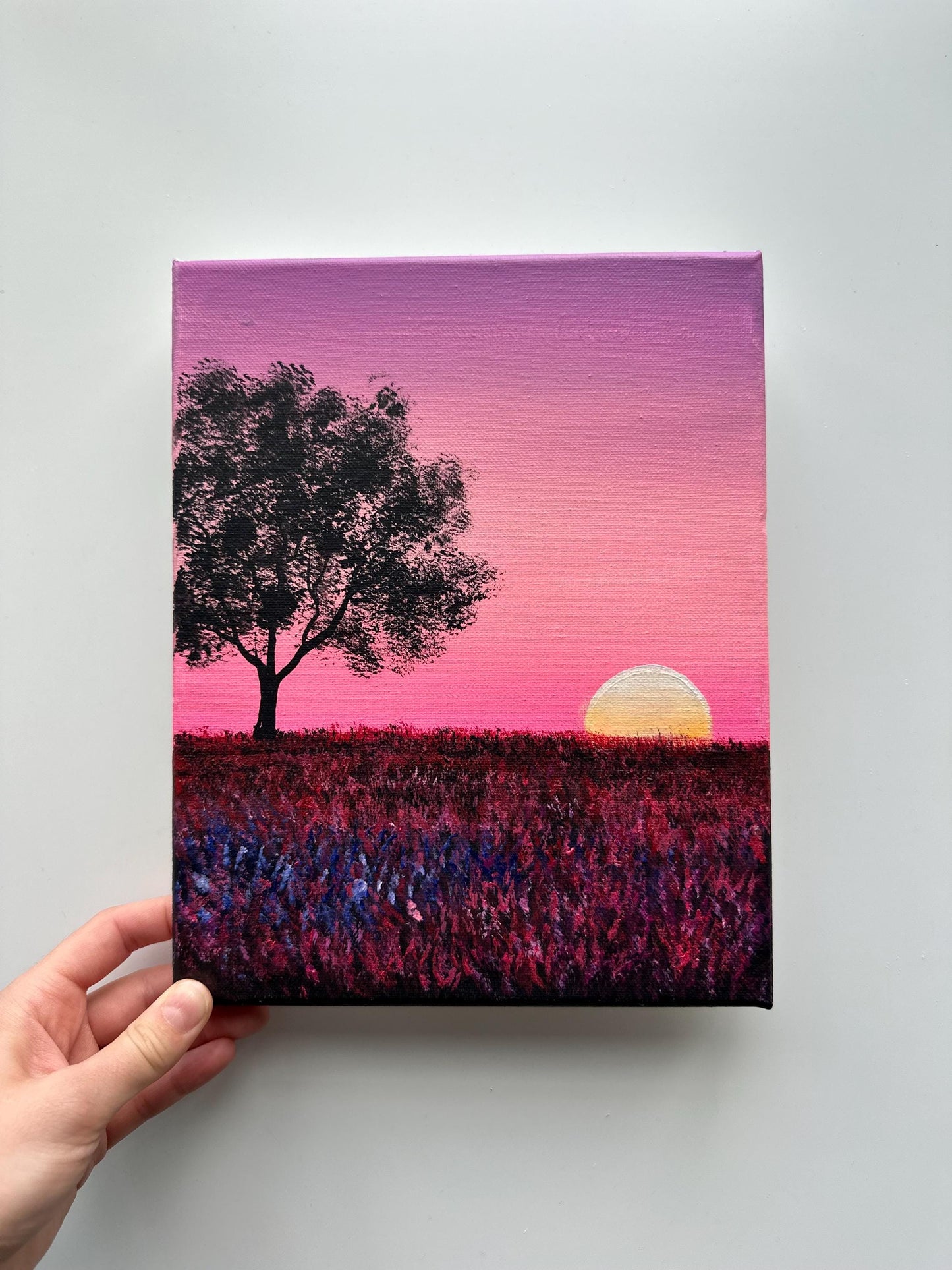 Pink Sunset Meadow – 8x10 Original Acrylic Painting, Tree Silhouette Wall Art, Dreamy Landscape