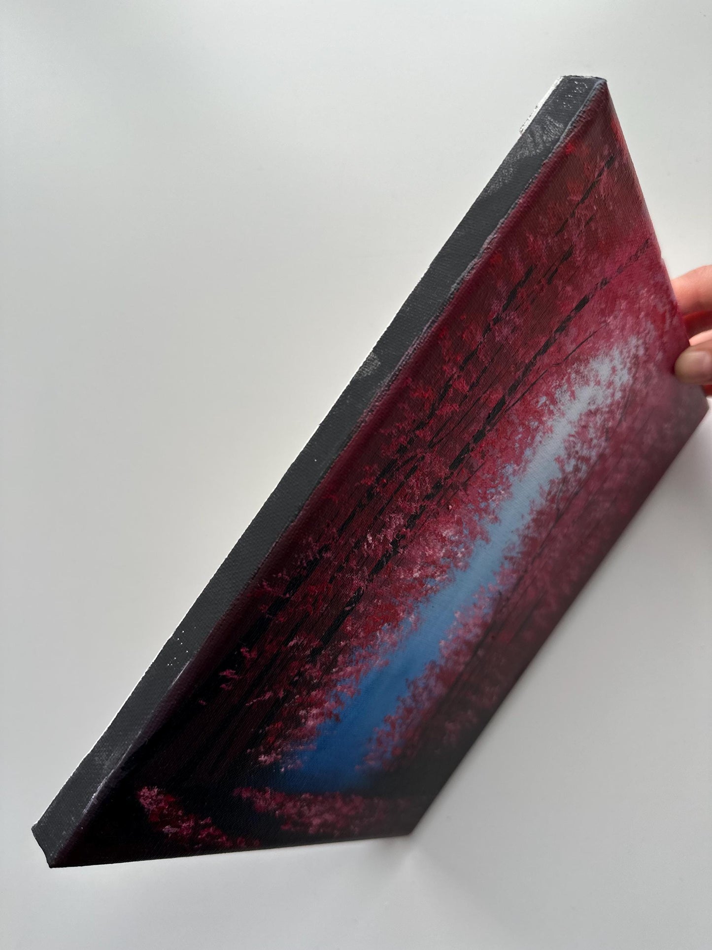 Enchanted Forest Crimson – 8x10 Original Acrylic Painting, Red Fantasy Forest Art, Mystical Path Landscape