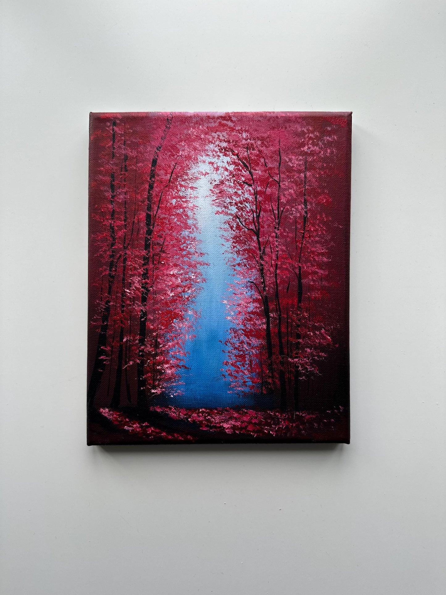 Enchanted Forest Crimson – 8x10 Original Acrylic Painting, Red Fantasy Forest Art, Mystical Path Landscape