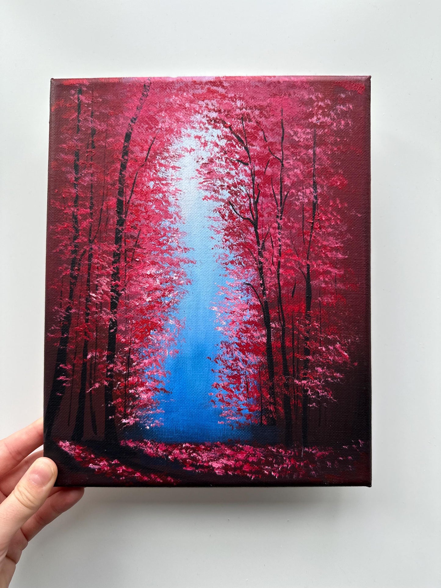Enchanted Forest Crimson – 8x10 Original Acrylic Painting, Red Fantasy Forest Art, Mystical Path Landscape