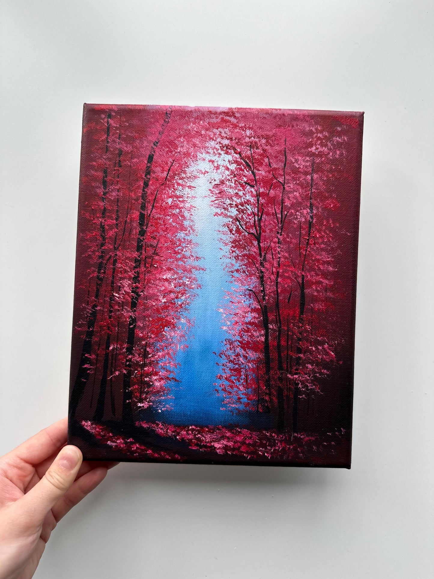 Enchanted Forest Crimson – 8x10 Original Acrylic Painting, Red Fantasy Forest Art, Mystical Path Landscape