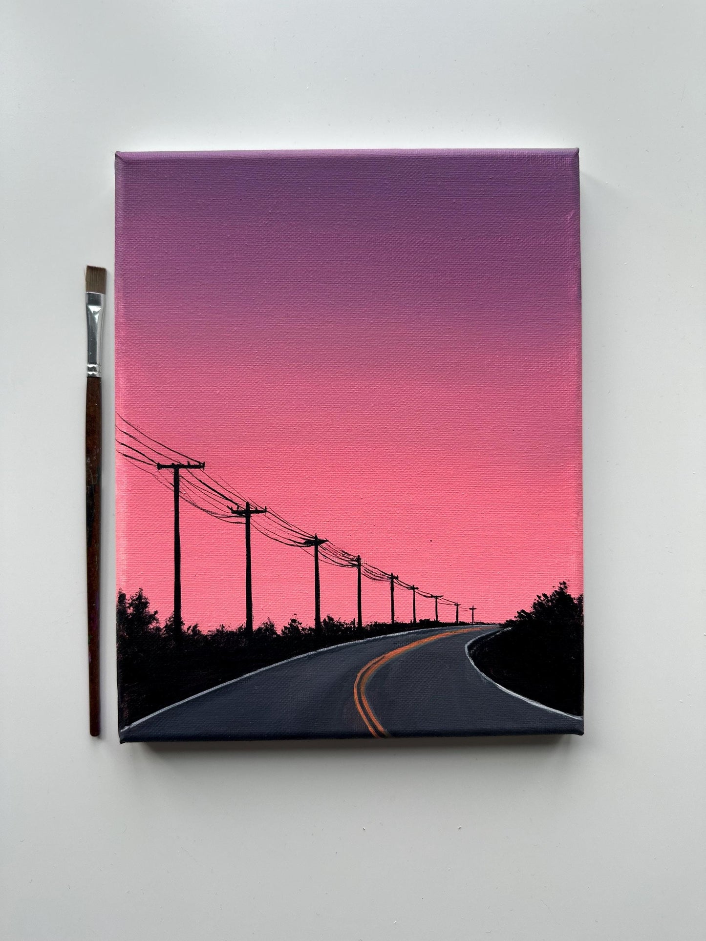 Pink Sunset Road – 8x10 Original Acrylic Painting, Minimal Highway Wall Art, Pastel Sky Landscape