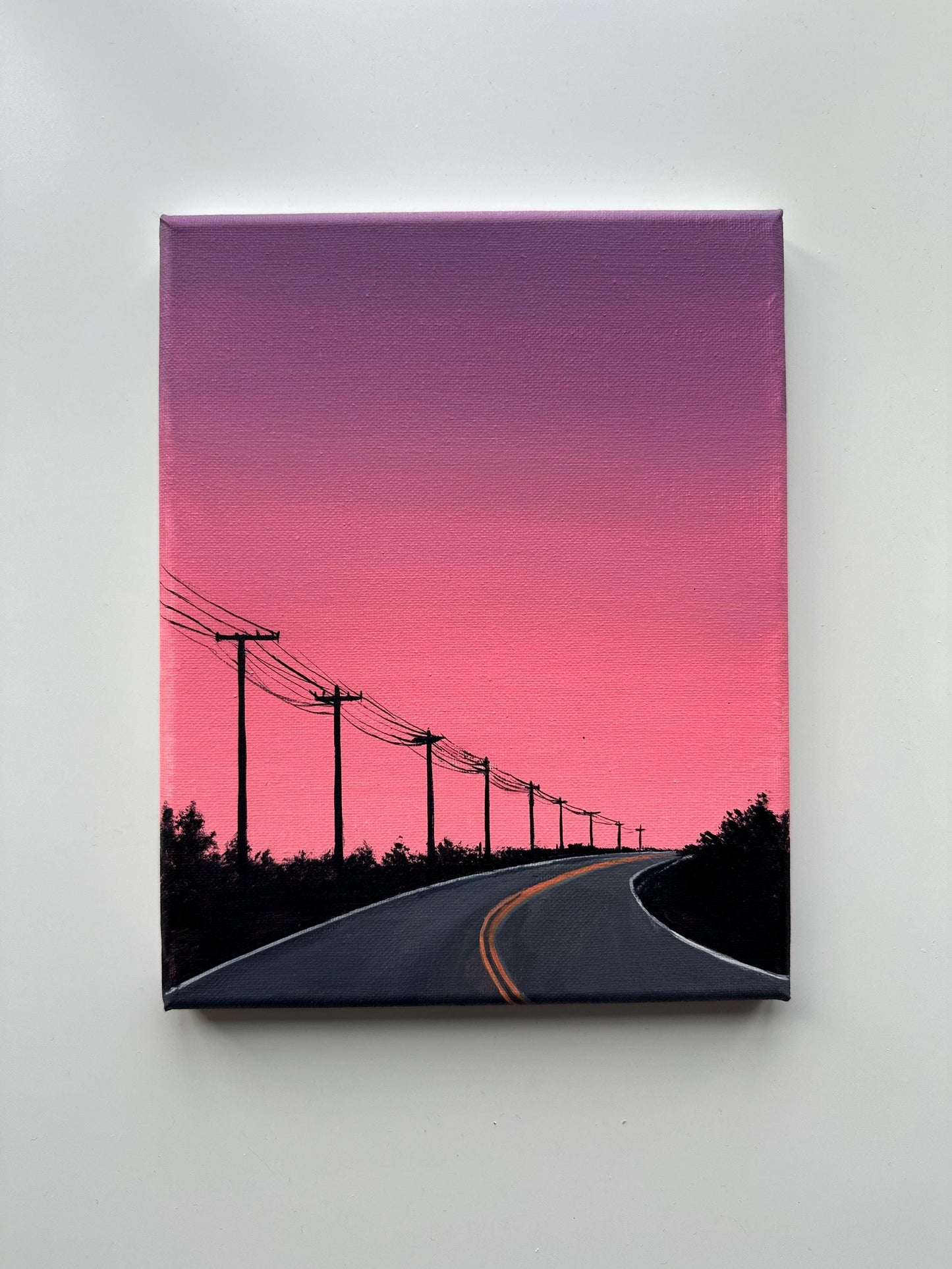 Pink Sunset Road – 8x10 Original Acrylic Painting, Minimal Highway Wall Art, Pastel Sky Landscape