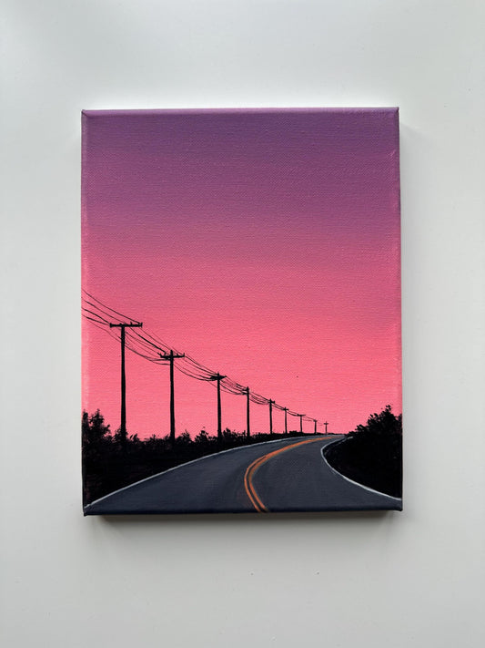 Pink Sunset Road – 8x10 Original Acrylic Painting, Minimal Highway Wall Art, Pastel Sky Landscape