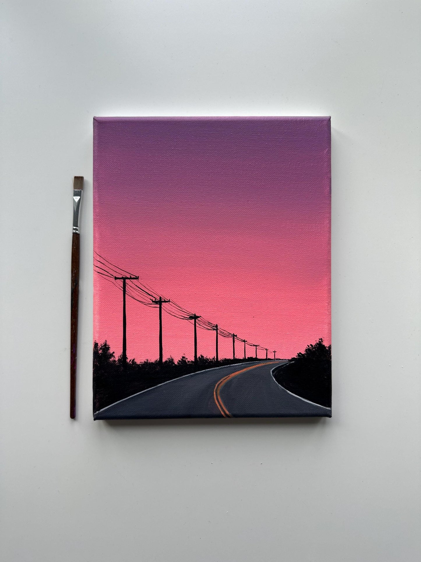 Pink Sunset Road – 8x10 Original Acrylic Painting, Minimal Highway Wall Art, Pastel Sky Landscape