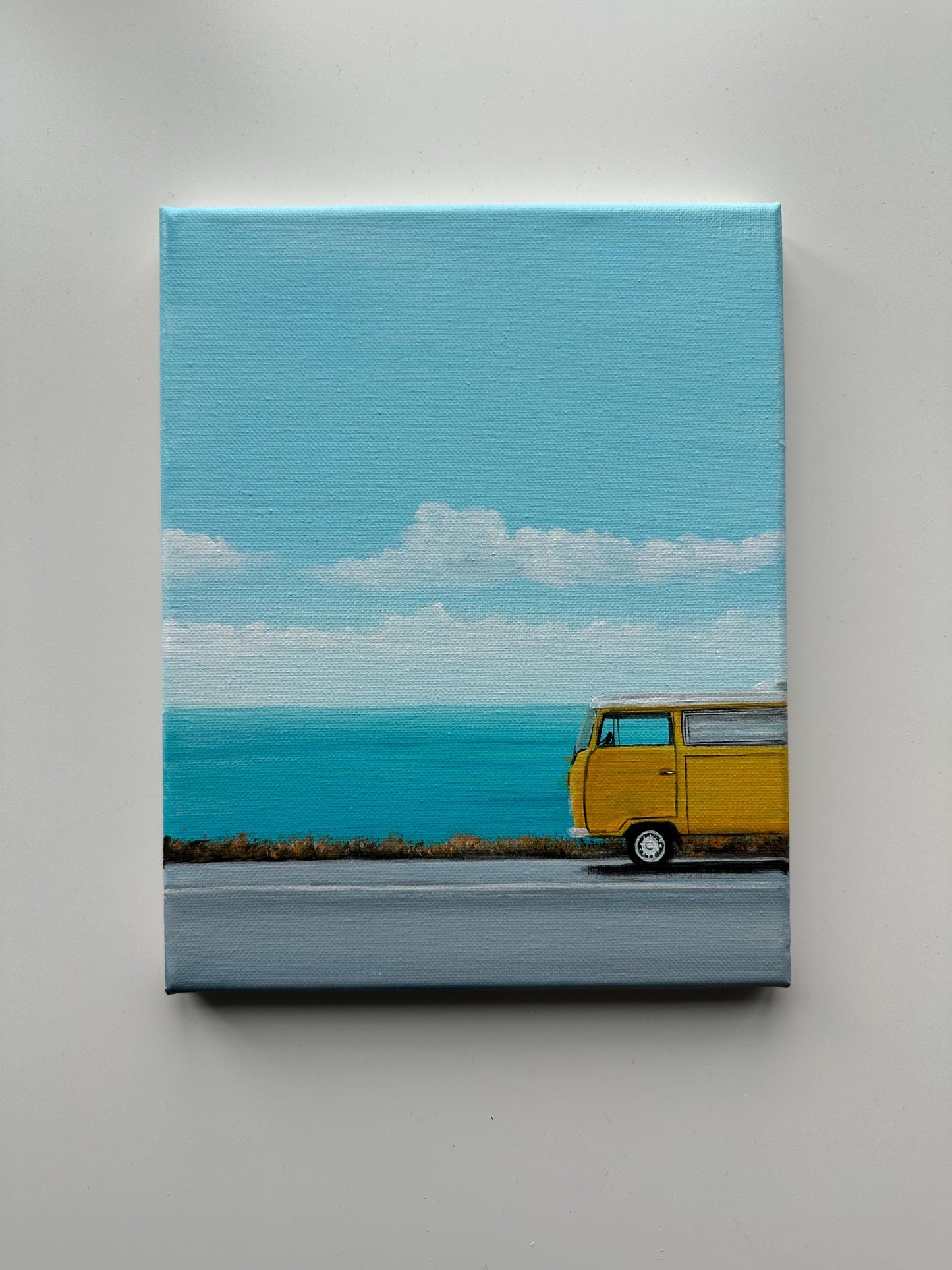 Yellow Van Ocean Painting – 8x10 Original Acrylic Coastal Art