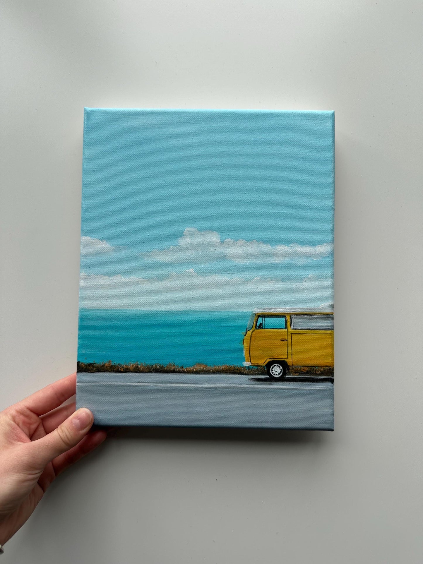 Yellow Van Ocean Painting – 8x10 Original Acrylic Coastal Art