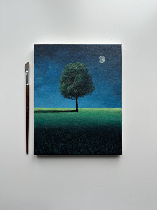 Original Moonlit Tree Painting – Minimalist Night Landscape, 8x10 Acrylic